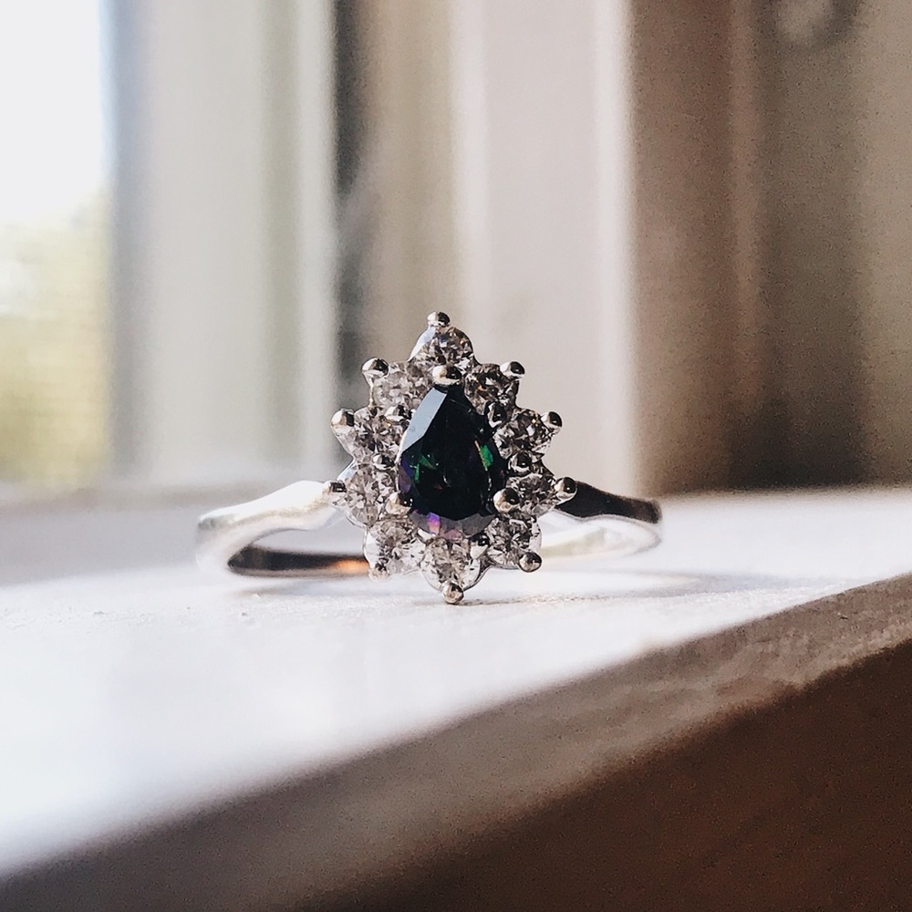 Sterling Silver Topaz Pear Cut Halo CZ Ring Size 7